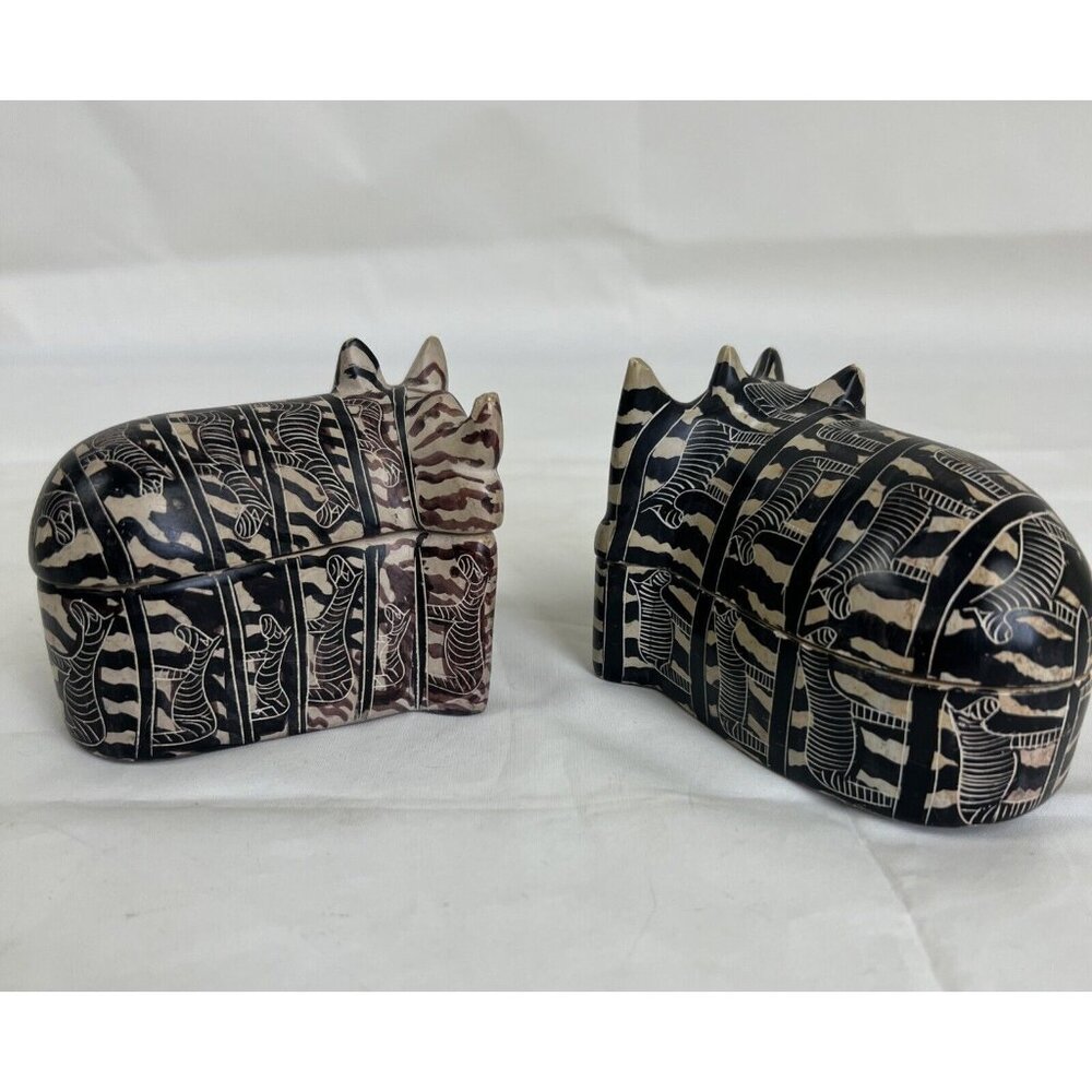Pair (2) Kenya Besmo Hand Carved Soap Stone African Trinket Box Rhinoceros Rhino